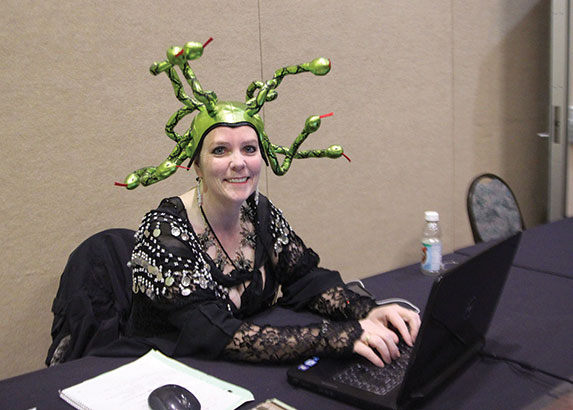 Susan with a hat of snakes on her head